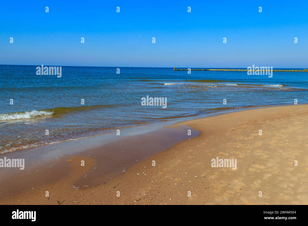 Brise-lames en bois dans la mer Baltique, Pologne Banque D'Images