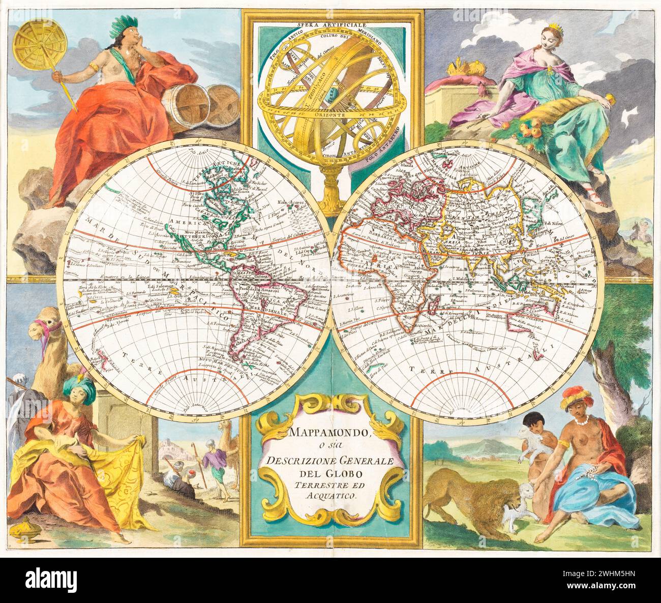 Carte du monde illustrée, ou description générale du globe terrestre et aquatique, avec dessin pittoresque dans les coins et les frontières. Par Guillaume de L'Isle vers les années 1700 Banque D'Images
