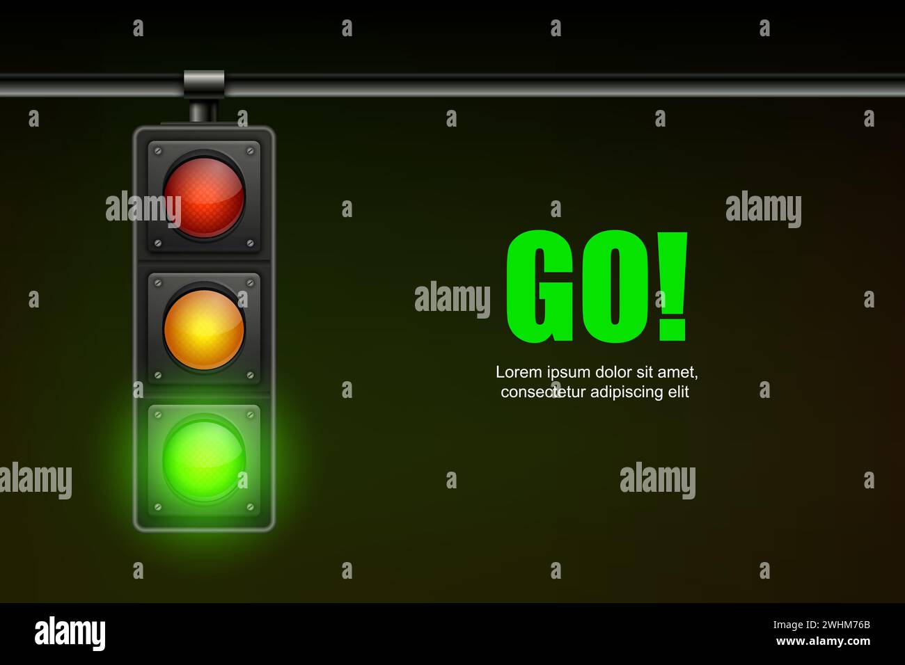 Bannière réaliste vectorielle avec feu de circulation suspendu avec signal permissif vert brillant isolé sur fond noir Illustration de Vecteur