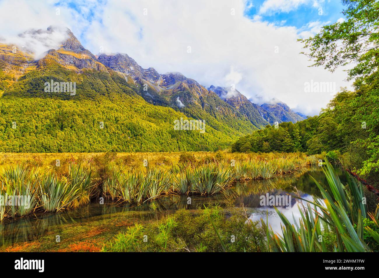 Fiordland Eglinton rivière bleu miroir lac sous la chaîne de montagnes pittoresque en Nouvelle-Zélande. Banque D'Images