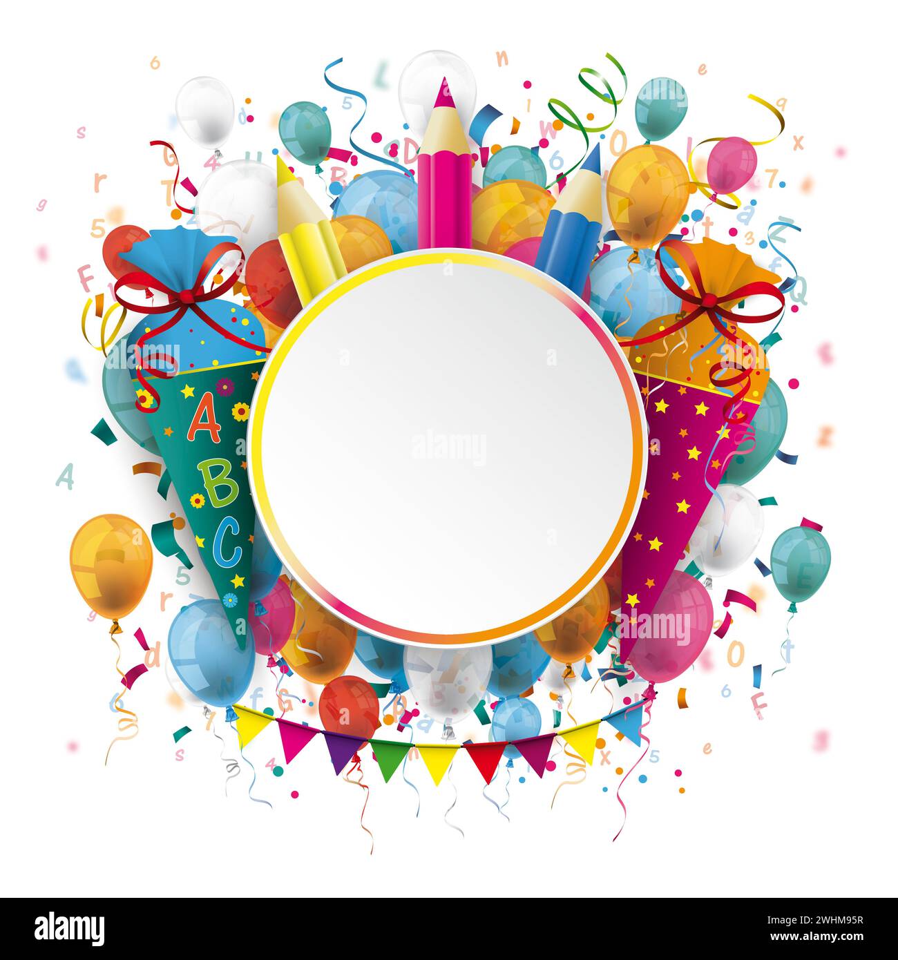 Couverture de retour à l'école avec ballon coloré dans le fond blanc. Fichier vectoriel EPS 10. Banque D'Images