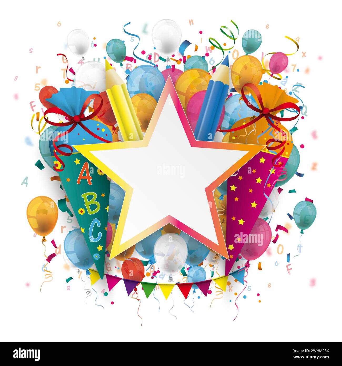 Couverture de retour à l'école avec ballon coloré dans le fond blanc. Fichier vectoriel EPS 10. Banque D'Images