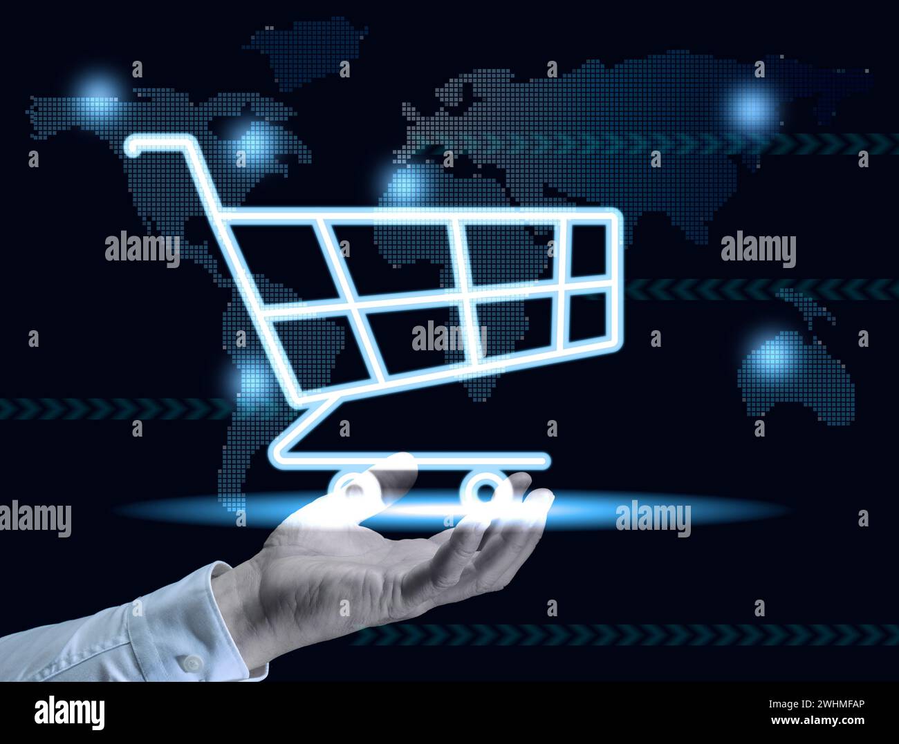 Main masculine et une icône de panier d'achat, concept de commencer une vente, achats en ligne, augmentation des bénéfices des entreprises pendant le dis saisonnier Banque D'Images