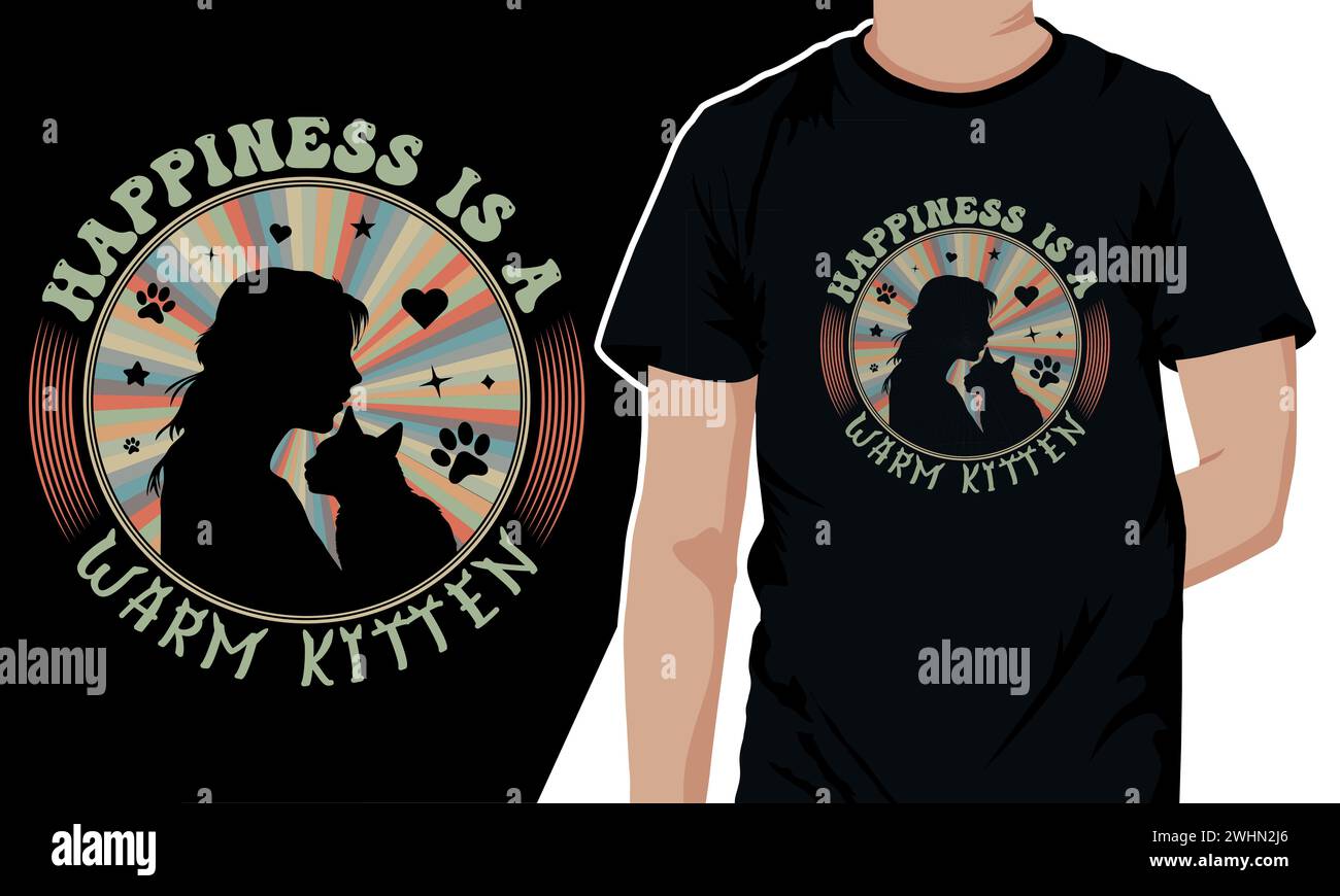 « Happiness is a Warm Kitten » rétro t-shirt design vintage avec un thème des années 70. un t-shirt arc-en-ciel pour chat coucher de soleil Illustration de Vecteur