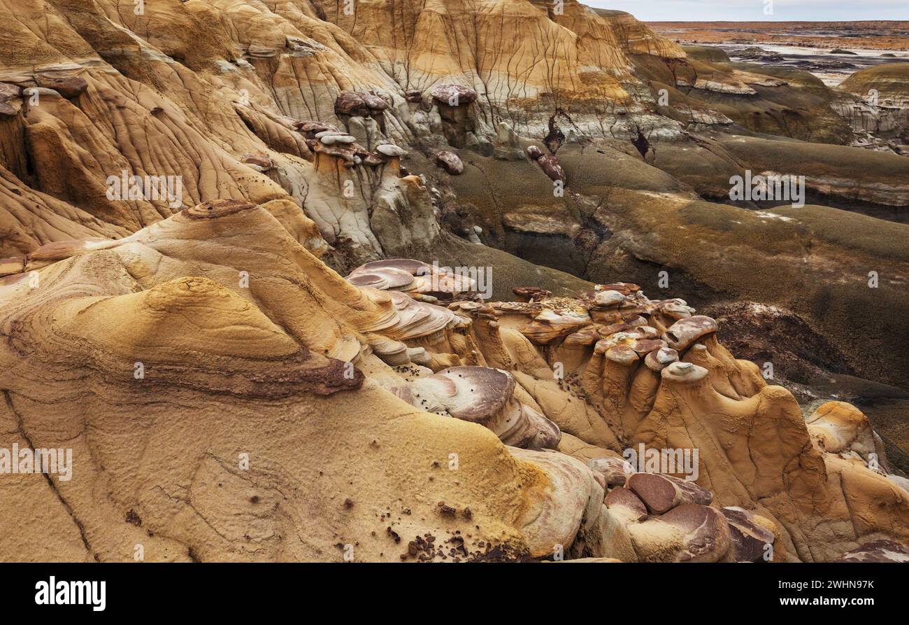 Le paysage bizarre des Bisti Badlands ou de-Na-Zin Wilderness dans le comté de San Juan, Nouveau-Mexique, États-Unis Banque D'Images