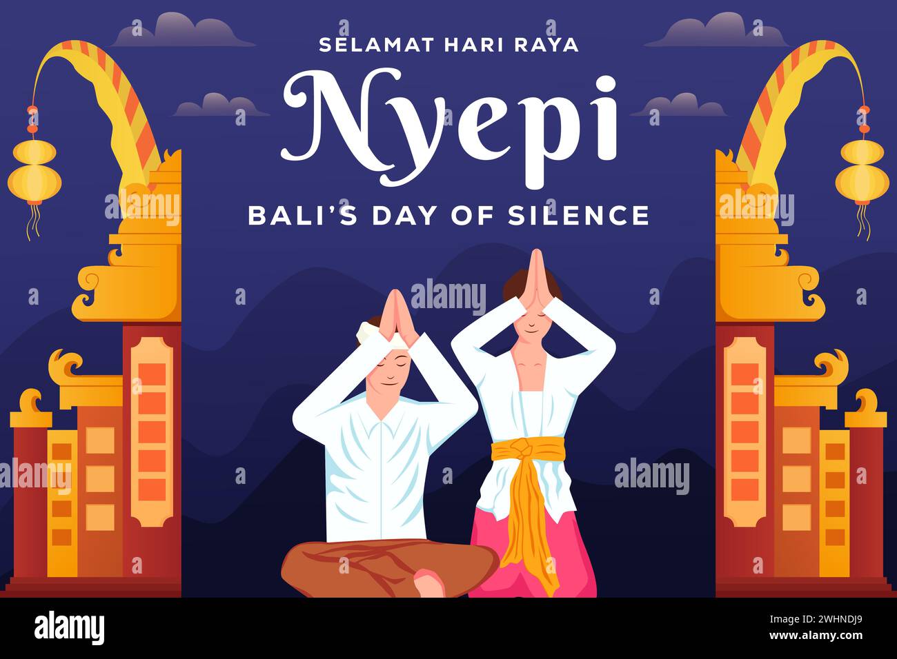 Illustration de fond du jour de silence de Nyepi Bali avec deux personnes priant Illustration de Vecteur