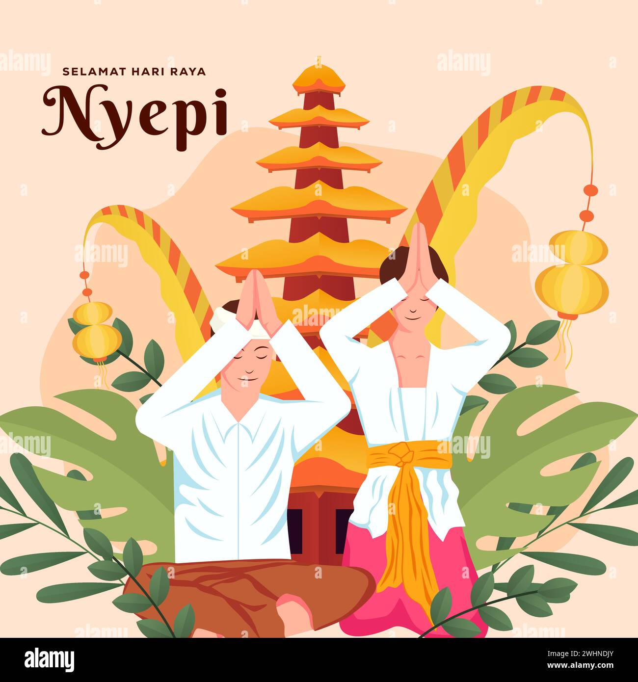 Illustration du jour de silence de Nyepi Bali avec deux personnes priant Illustration de Vecteur