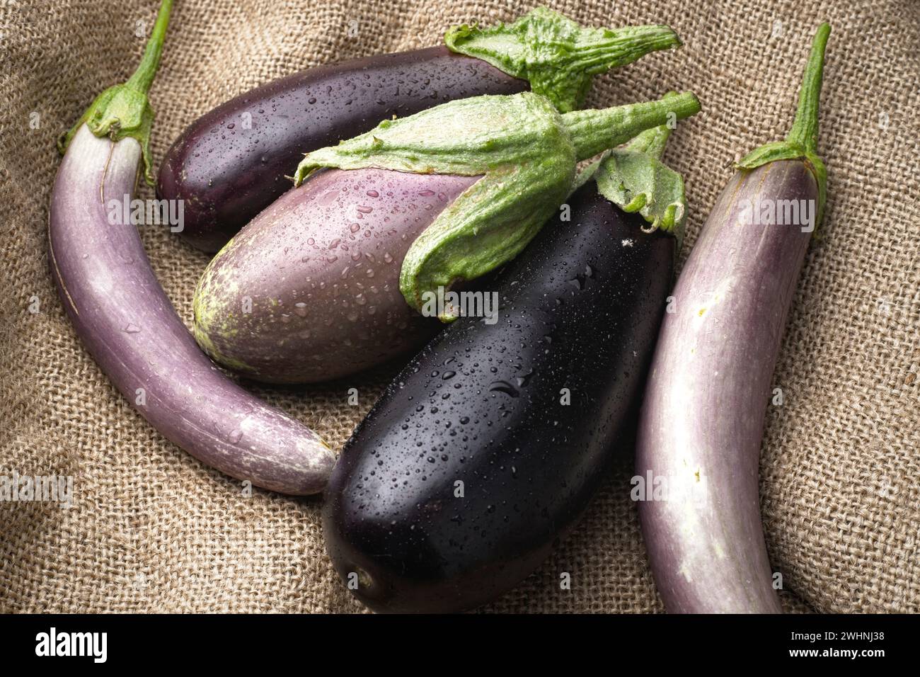 Natures mortes photo de diverses aubergines sur toile de jute. Banque D'Images