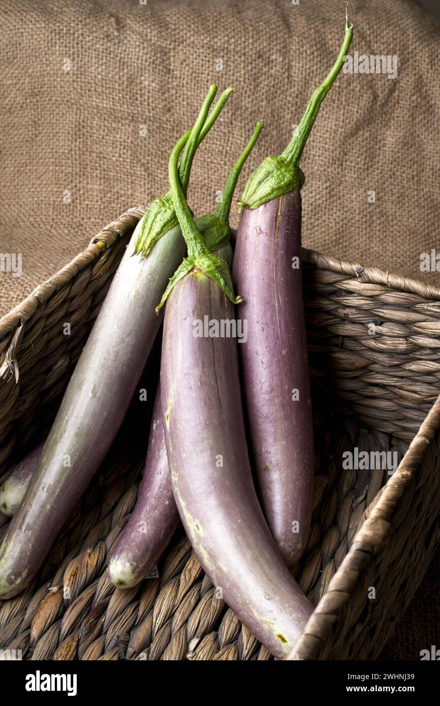 Natures mortes photo d'aubergines dans un panier. Banque D'Images