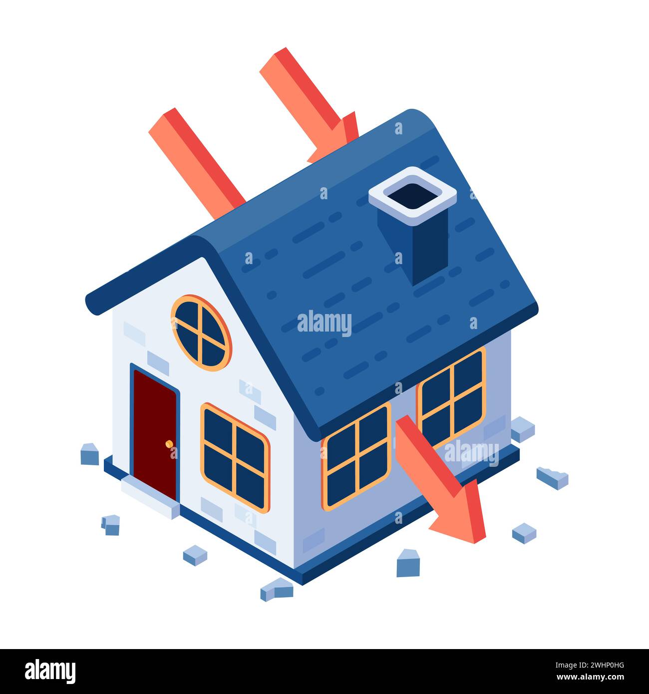 Flat 3d Isomtric Falling Arrow Piercing à travers la maison. Concept de crise d'investissement immobilier. Illustration de Vecteur