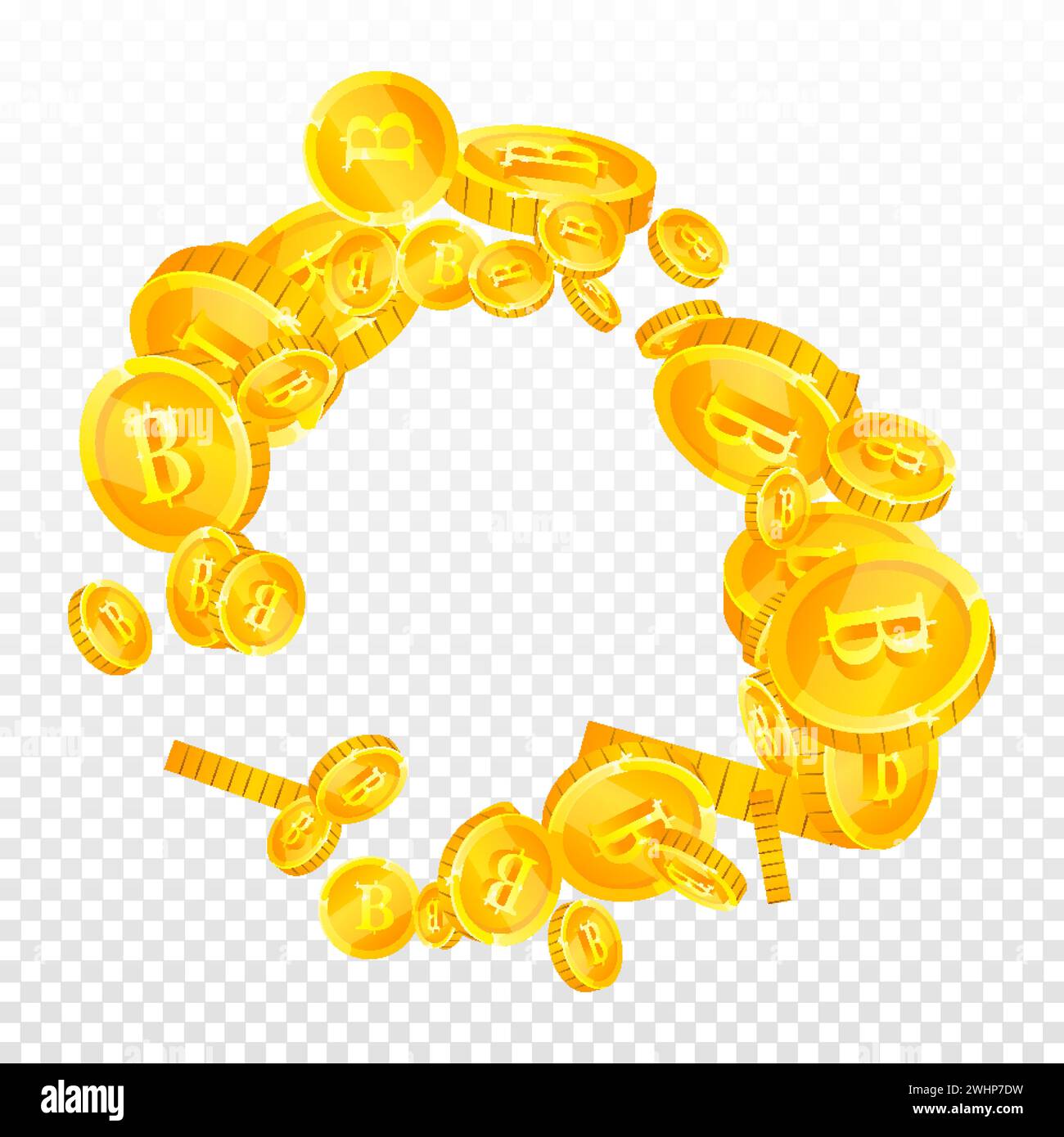 Les pièces de baht thaïlandais tombent. Pièces de THB dispersées d'or. Thaïlande argent. Concept de crise financière mondiale. Illustration vectorielle carrée. Illustration de Vecteur