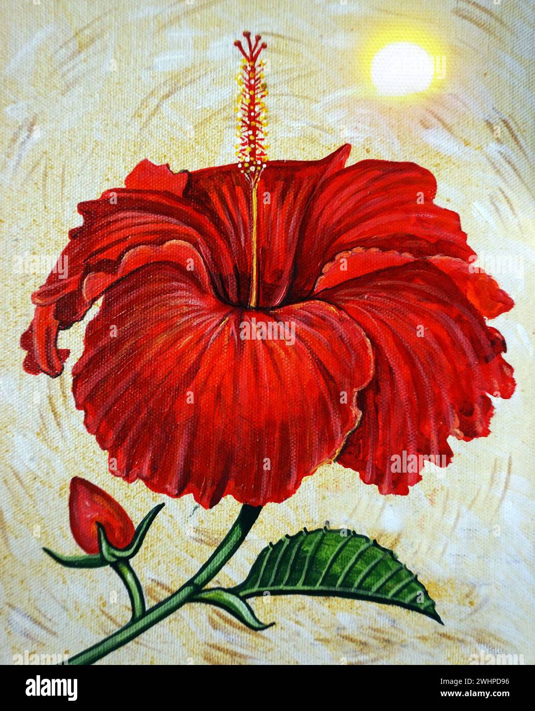 Peinture à l'huile originale Art moderne magnifique pétale Hibiscus rosa-sinensis Fleur Banque D'Images