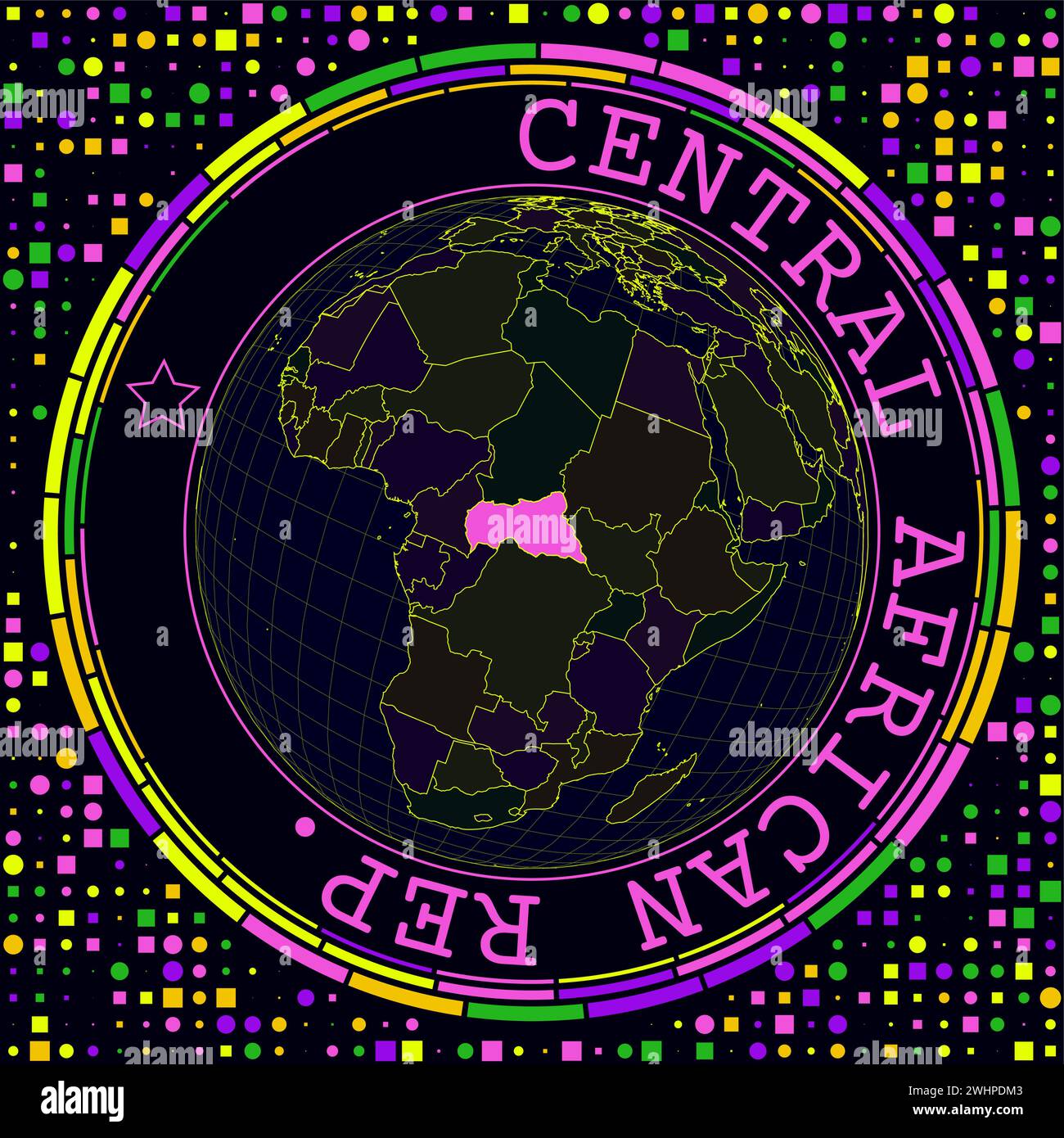 Voiture futuriste sur le globe. Vue satellite au néon lumineux du monde centrée sur la voiture. Illustration de Vecteur