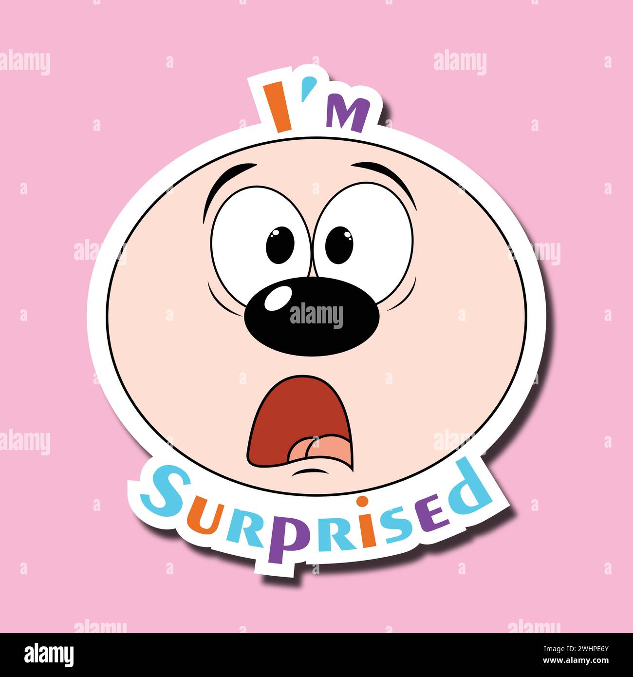 Autocollant de visage drôle. Émoticône avec un visage surpris. Expression du choc, de la surprise. Inscription : je suis surpris Illustration de Vecteur