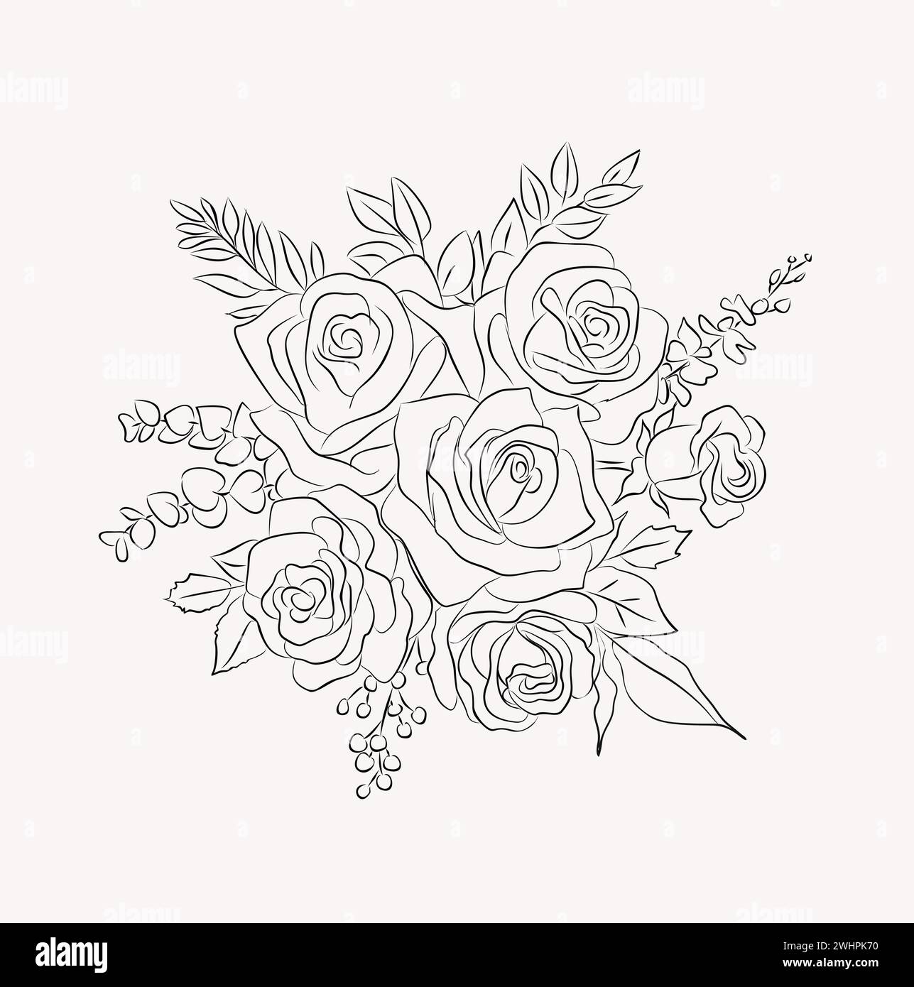 Un dessin noir et blanc de roses et de feuilles. Illustration de Vecteur