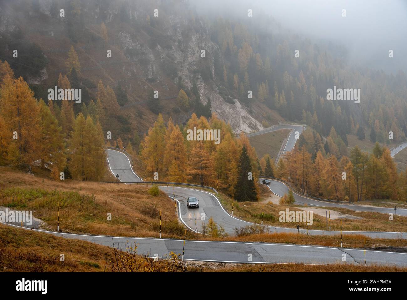 Paysage d'automne avec jaune et arbres et route de montagne courbe avec des voitures voyageant. Banque D'Images