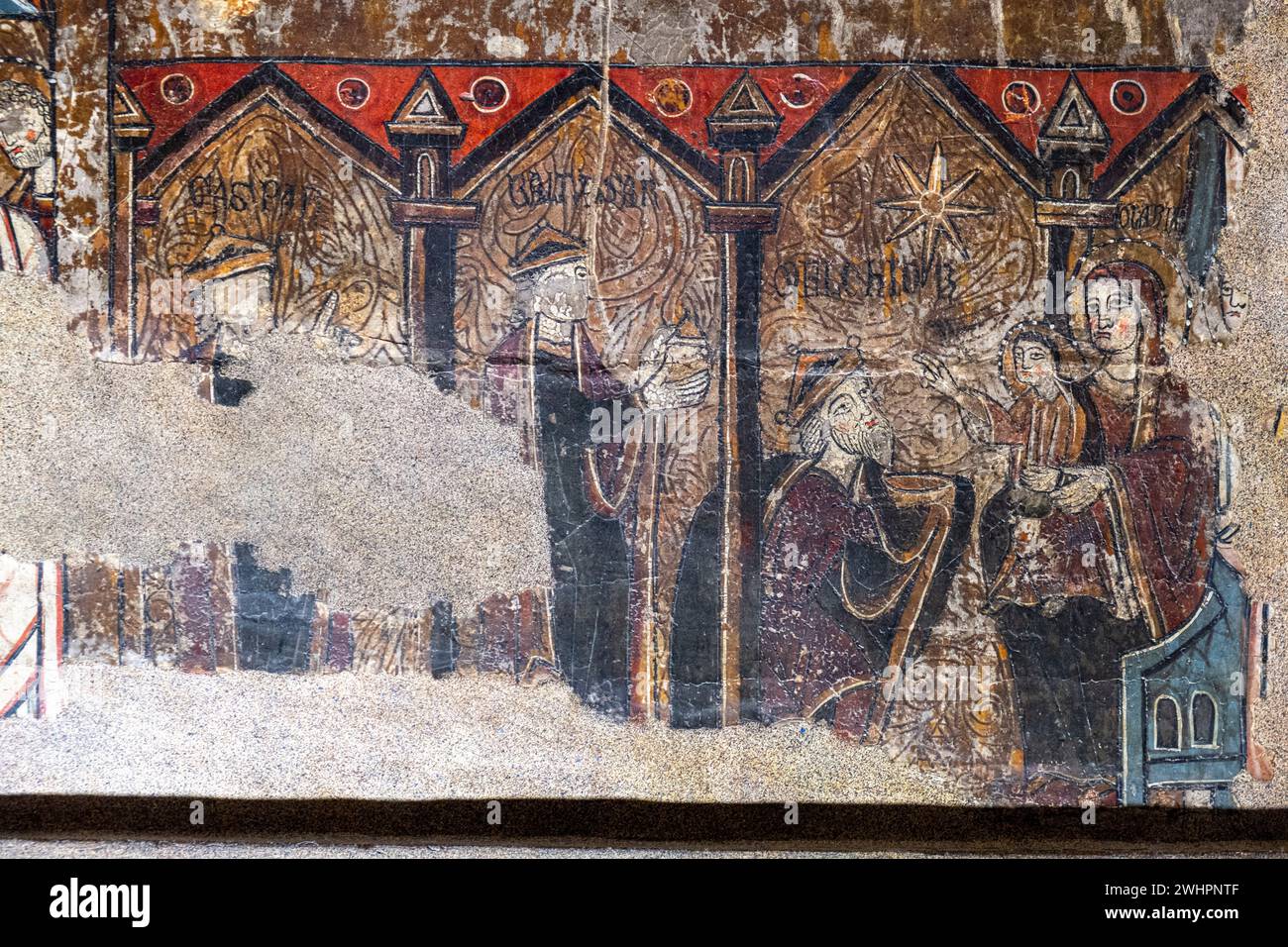 Adoration des trois sages, autel frontal de Santa Maria de Iguacel, XIIIe siècle, peinture de tempera sur bois de pin, Musée diocésain de Jaca, Huesca Banque D'Images
