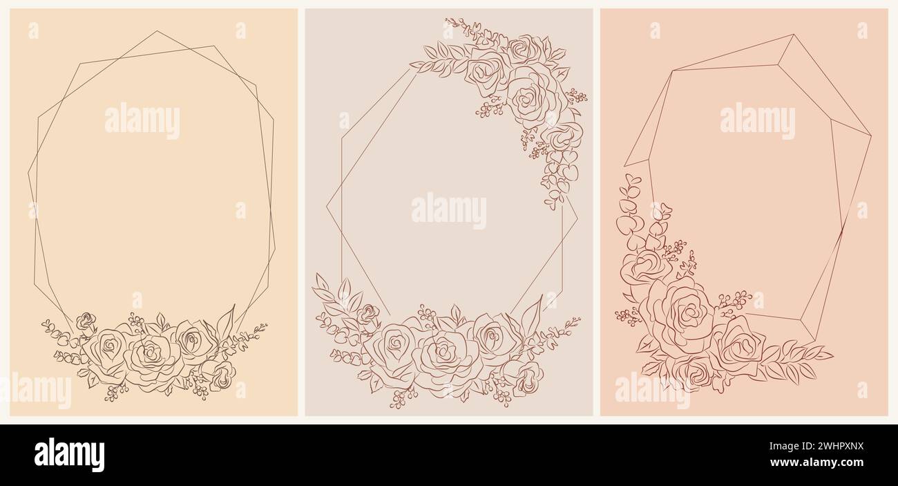 Cadres floraux d'art de ligne rose, vecteur de modèle de carte. Illustration de Vecteur