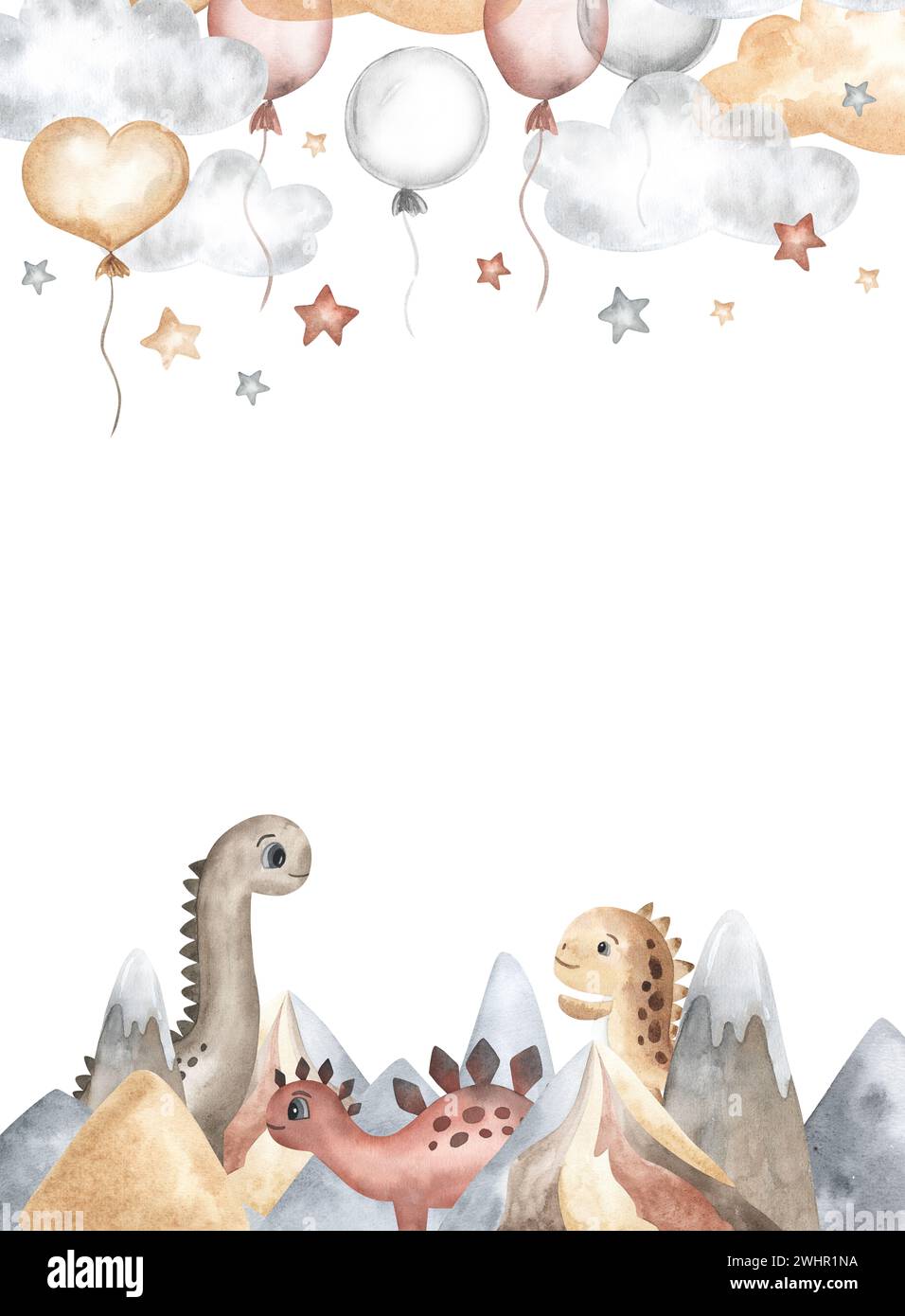 Nuages de thème de dinosaure d'anniversaire, drapeaux de banderole, ballons d'air et montagnes. fond de modèle de carte d'invitation aquarelle pour les enfants. Carte tirée à la main. Banque D'Images