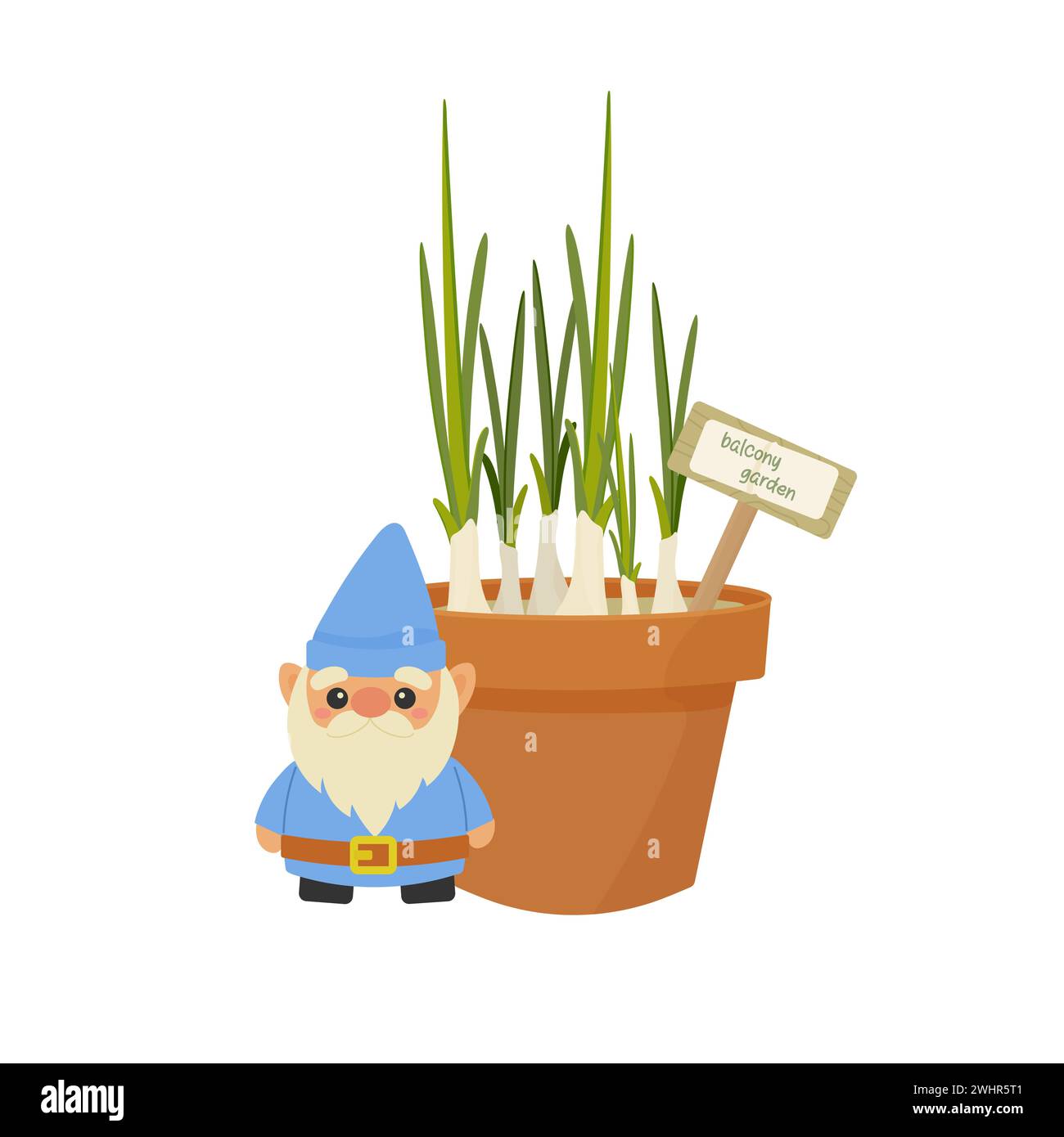 Gnome de jardin, concept de plantation de printemps de plante dans le style de bande dessinée pour carte, impression, autocollant, vecteur de carte postale. Illustration de Vecteur