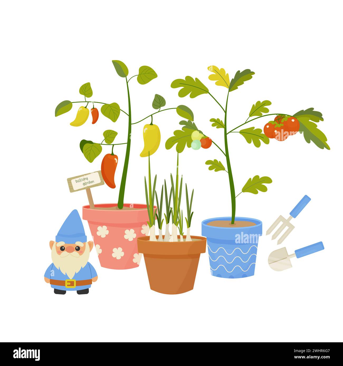 Gnome de jardin, concept de plantation de printemps de plante dans le style de bande dessinée pour carte, impression, autocollant, vecteur de carte postale. Illustration de Vecteur