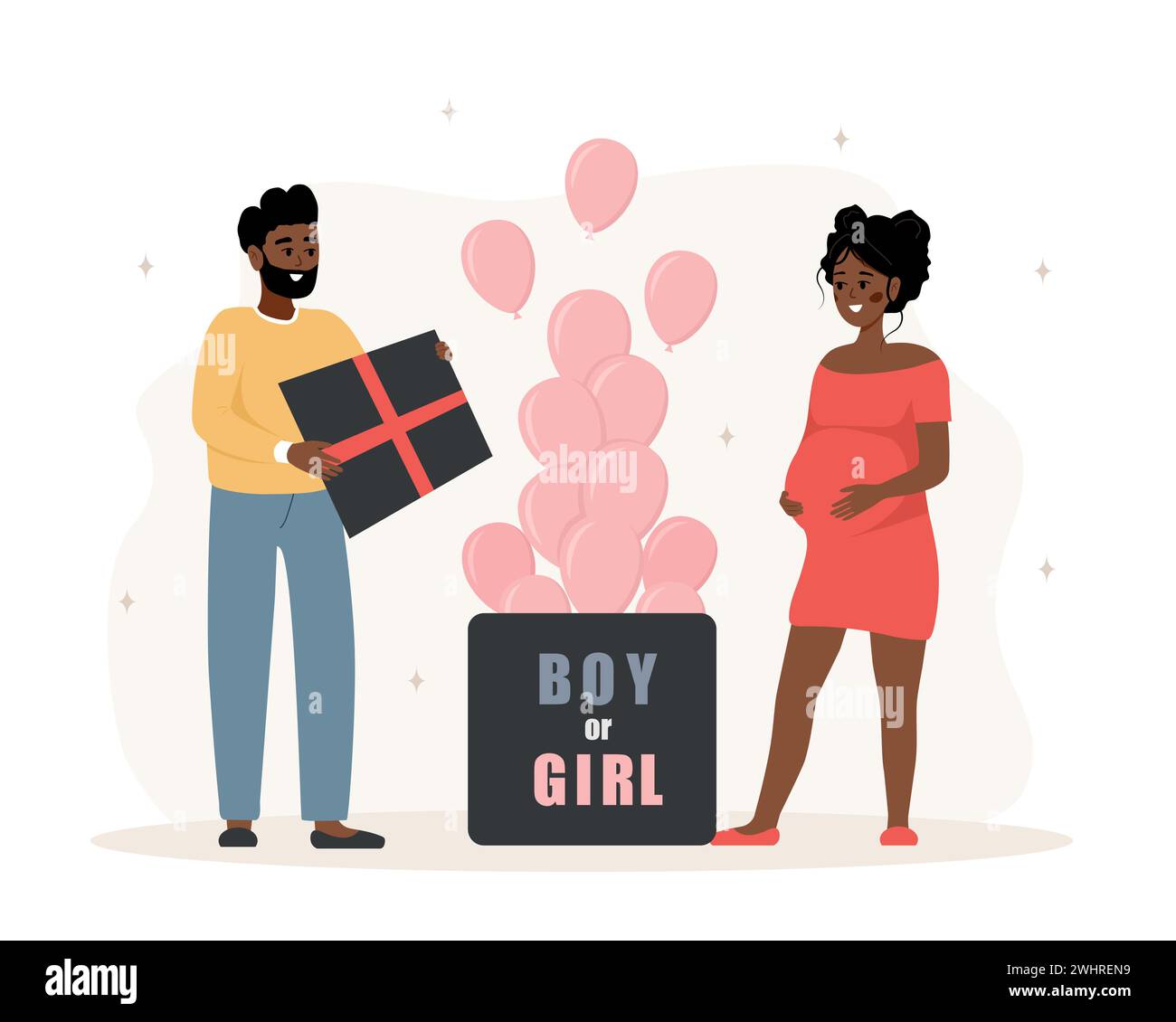 Fête de révélation du genre. C'est une fille. Boîte cadeau surprise ouverture couple avec inscription garçon ou fille. Famille africaine en attente d'enfant à naître. Ballons roses Illustration de Vecteur