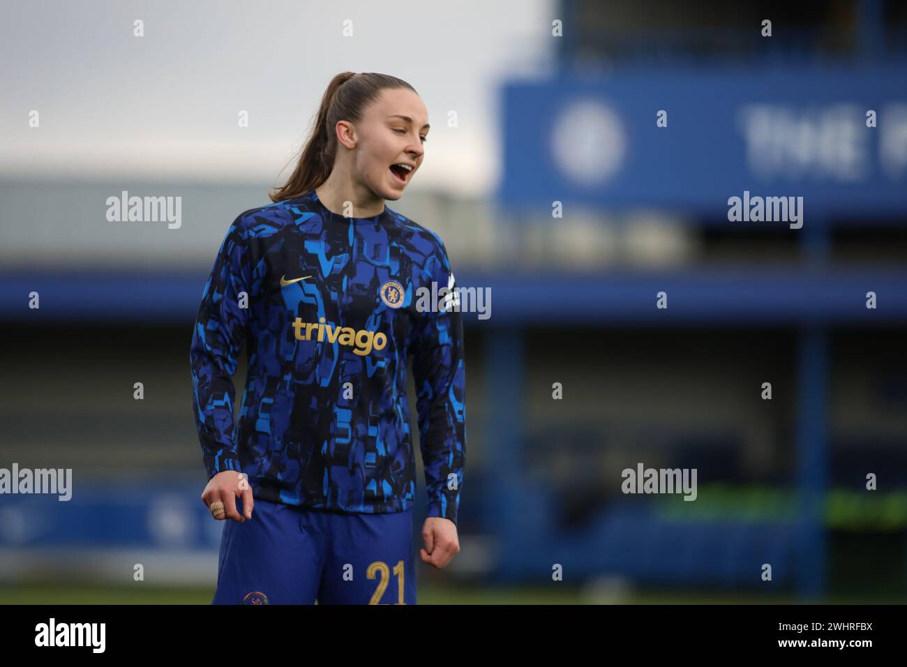 Londres, Royaume-Uni. 11 février 2024. Londres, Angleterre, 11 février 2024 : Niamh Charles (21 Chelsea) s'échauffe lors du match de la FA Cup Adobe Womens entre Chelsea et Crystal Palace à Kingsmeadow à Londres, Angleterre (Alexander Canillas/SPP) crédit : SPP Sport Press photo. /Alamy Live News Banque D'Images