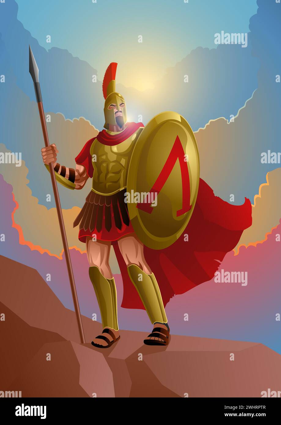 Illustration vectorielle d'un ancien guerrier spartiate portant une armure et un manteau rouge sur la roche avec un paysage de nuages dramatique comme arrière-plan Illustration de Vecteur