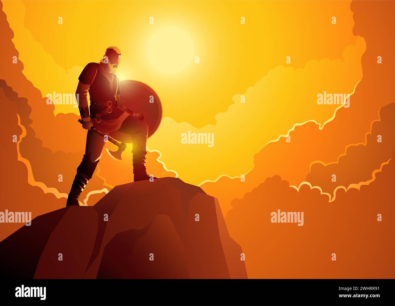 Guerrier viking tenant une hache et un bouclier au sommet d'une colline avec fond de paysage nuageux dramatique, illustration vectorielle Illustration de Vecteur