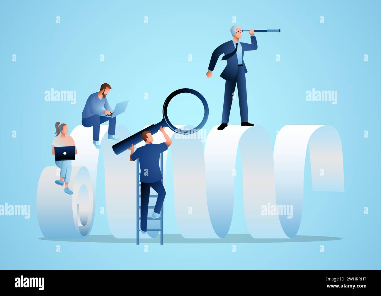 Illustration vectorielle de concept d'entreprise de personnes sur un rouleau de papier géant à l'aide d'un ordinateur portable, d'un télescope et d'une loupe. Affaires, données, enquêtes et RES Illustration de Vecteur