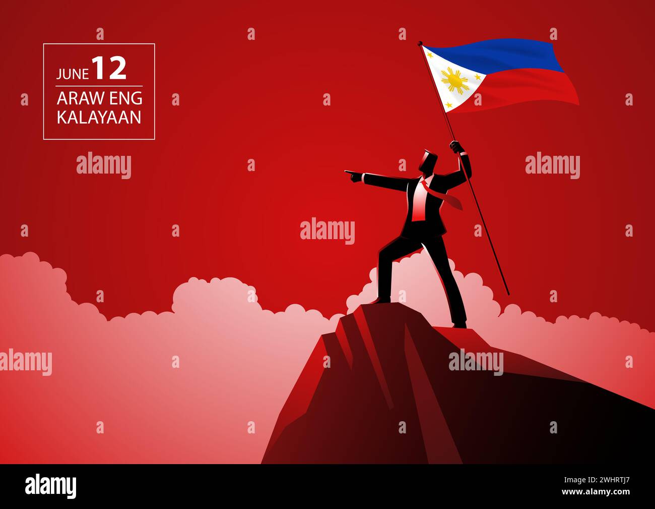 Homme d'affaires tenant le drapeau des Philippines au sommet de la montagne, la signification du texte de copie est jour de la liberté, illustration vectorielle Illustration de Vecteur