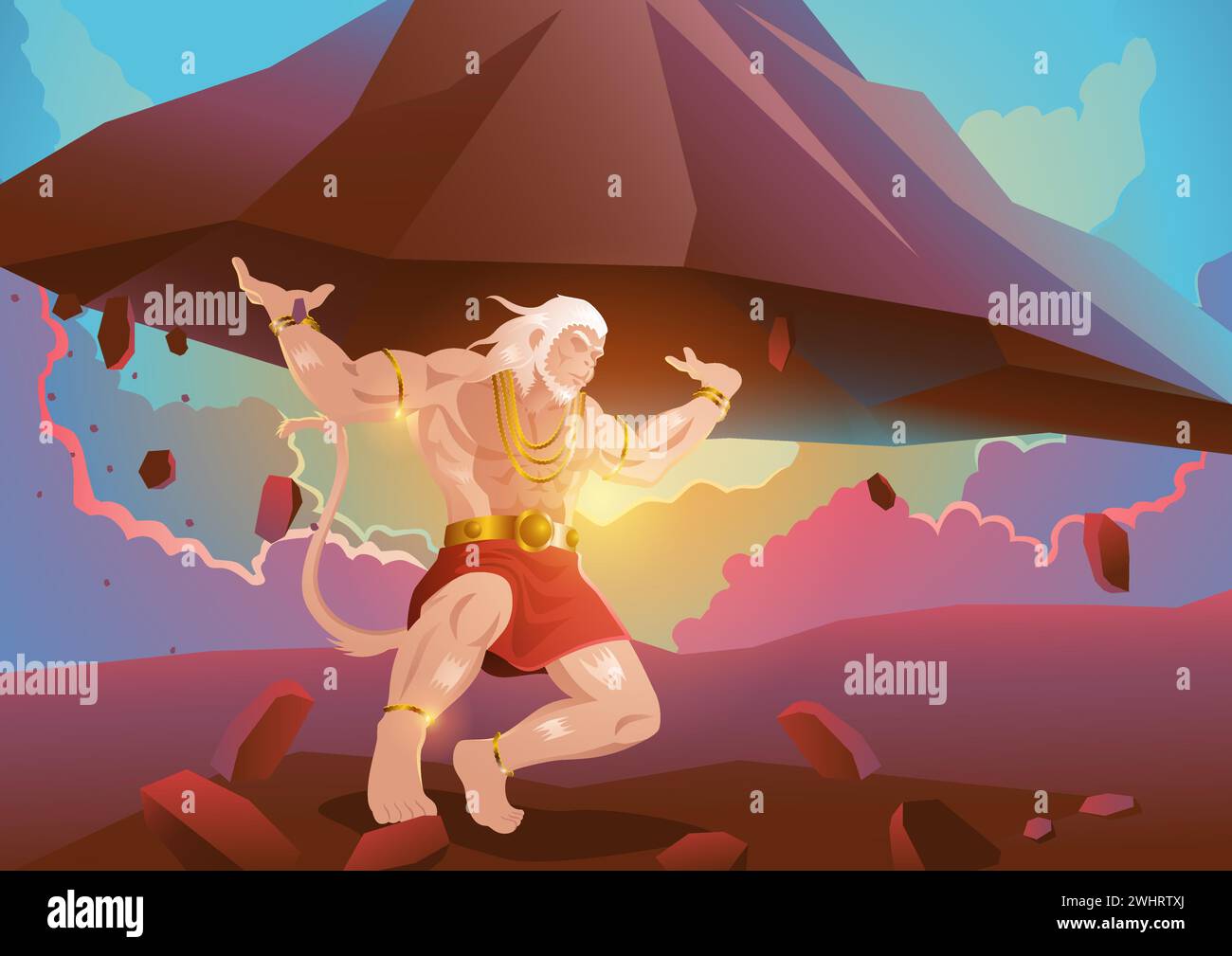 Illustration d'art fantastique de Hanuman soulevant la montagne Dronagiri, Dieu indien de l'Hindou, illustration vectorielle Illustration de Vecteur