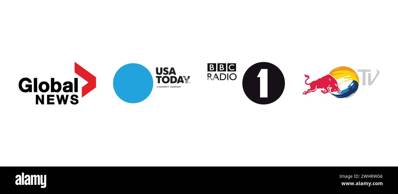 Global News, Red Bull TV, USA Today, BBC Radio 1. Illustration vectorielle, logo éditorial. Illustration de Vecteur