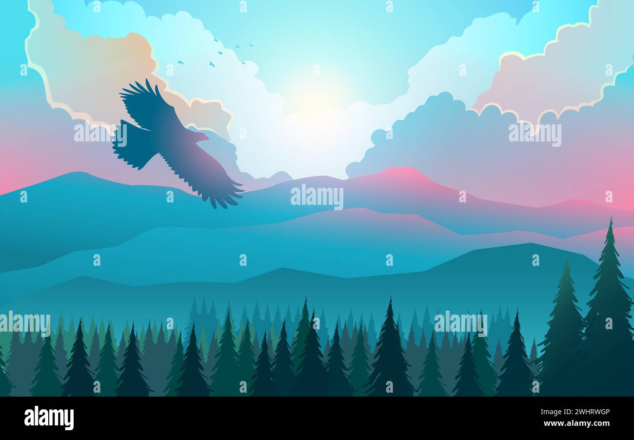 Beau paysage aux couleurs crépusculaires décoré par des pins et des aigles volant au-dessus du ciel, illustration vectorielle Illustration de Vecteur