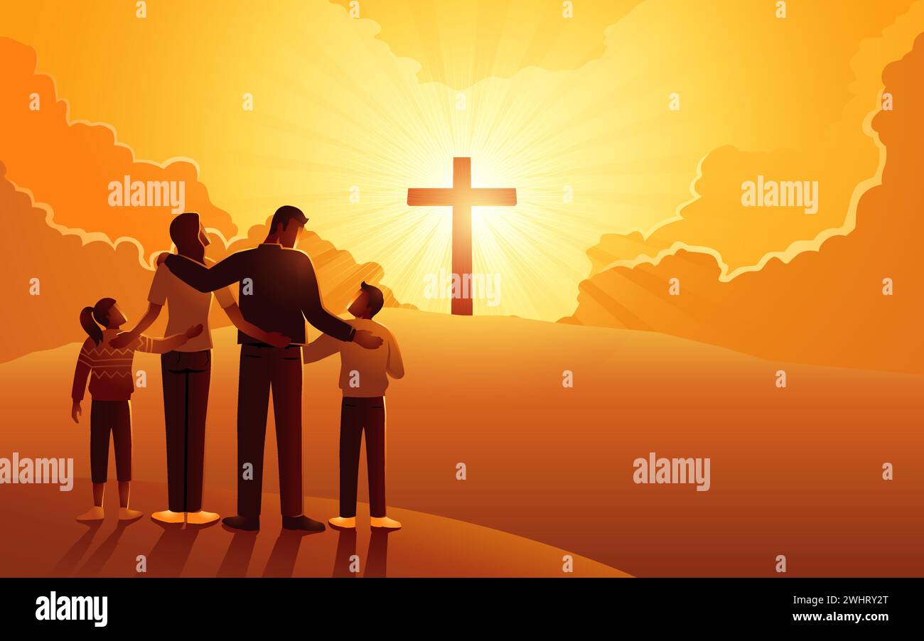 Série biblique d'illustration vectorielle de la famille chrétienne se tient au bas de la colline, regardant vers le haut une croix sur la colline. Adeptes, espoir, dévoué Illustration de Vecteur