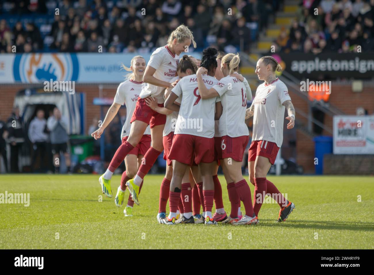 Eastleigh, Royaume-Uni. 11 février 2024. Manchester United célèbre avoir pris la tête lors du match de la FA Cup Adobe Womens entre Southampton et Manchester United au Silverlake Stadium, à Eastleigh. (Tom Phillips/SPP) crédit : photo de presse sportive SPP. /Alamy Live News Banque D'Images