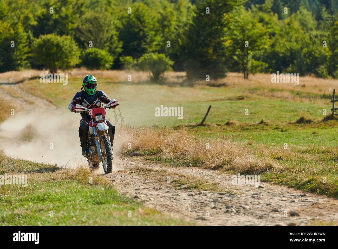 Un pilote de motocross professionnel qui roule de manière exaltante sur une piste forestière hors route dangereuse sur sa moto. Banque D'Images