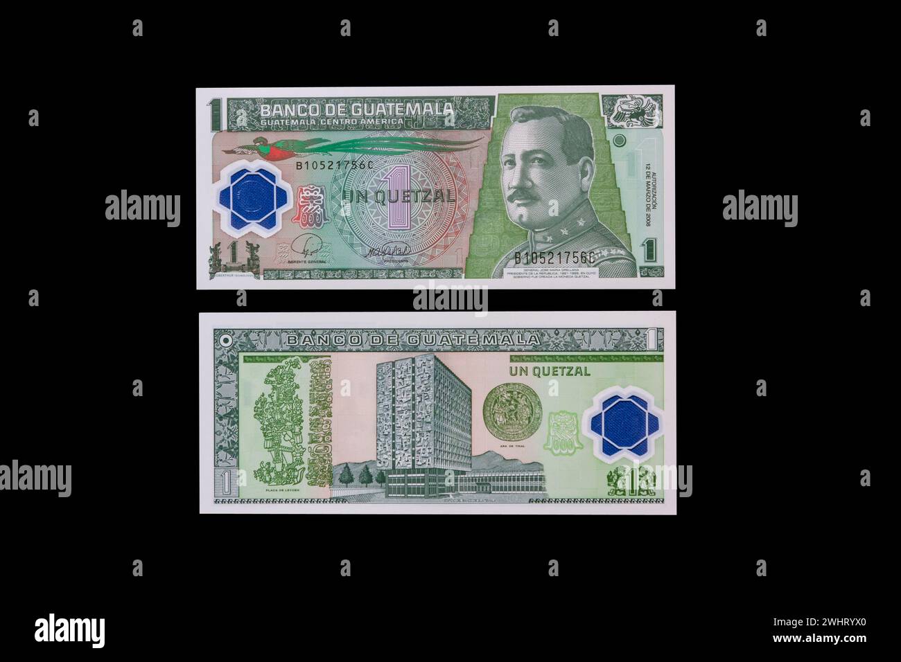 Guatémaltèque Note bancaire: 1 Quetzal. Général Jose Maria Orellana, Président du Guatemala 1921-26. Banque du Guatemala sur la marche arrière. Plaça de Leyden (Leyden Banque D'Images