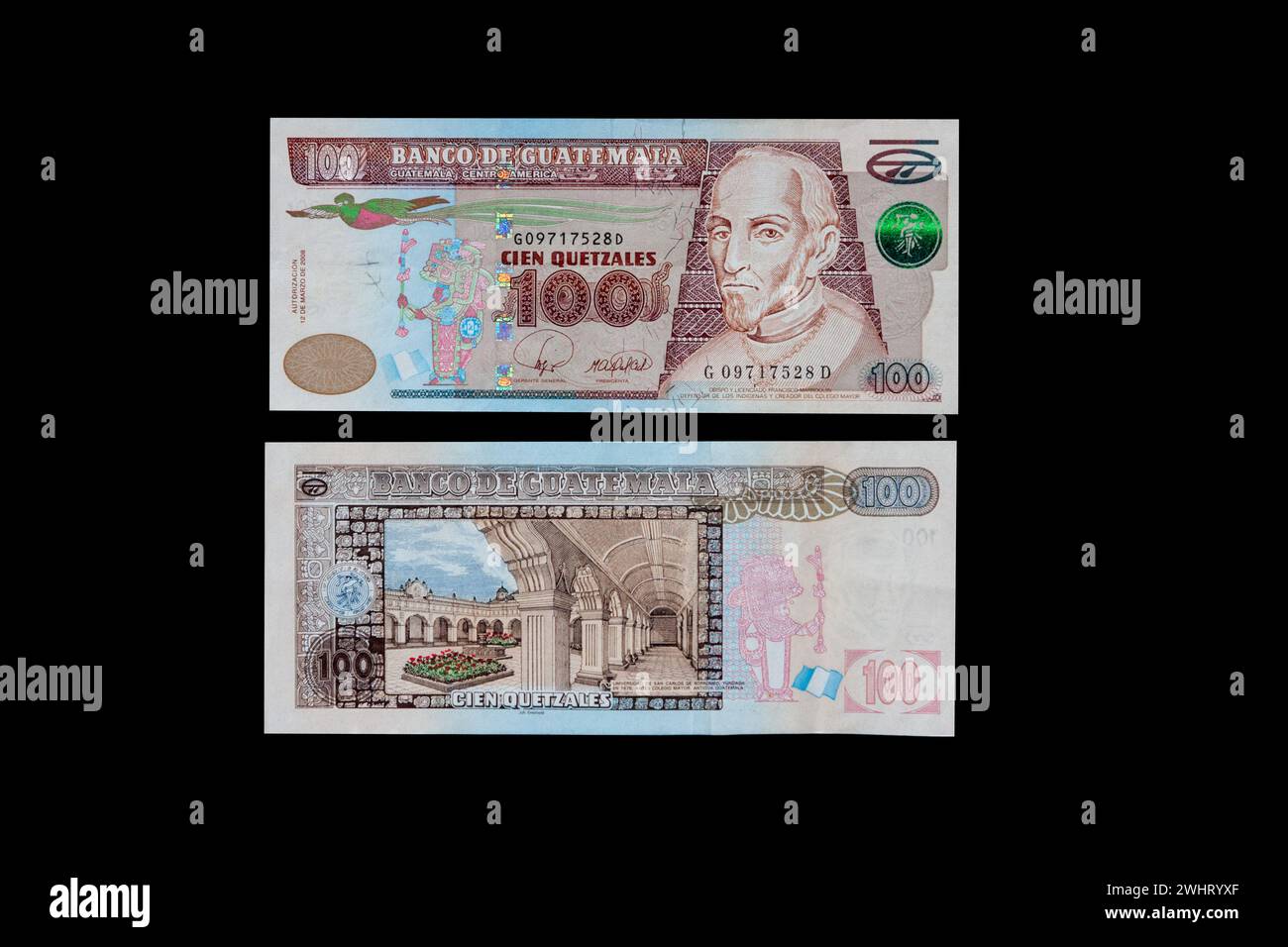 Billet guatémaltèque : 100 quetzals. Mgr Francisco Marroquin, premier évêque du Guatemala, fondateur, Université Carlos Borromeo, 1676, au revers. Banque D'Images