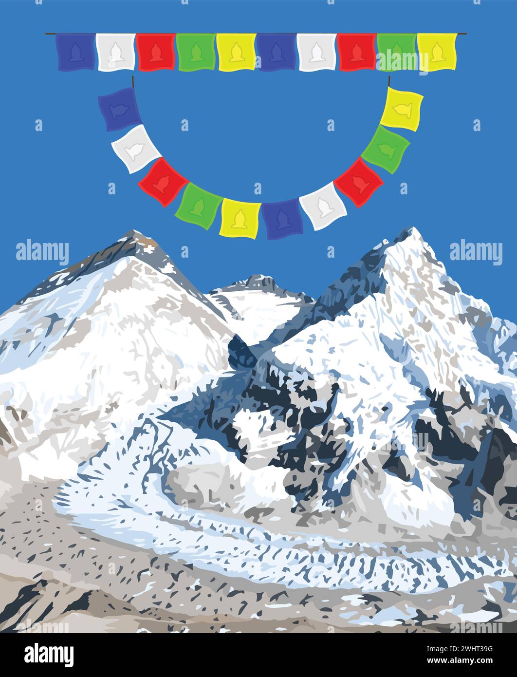 Mont Everest Lhotse et Nuptse du côté du Népal vu du camp de base de Pumori avec drapeaux de prière, illustration vectorielle, Mont Everest 8 848 m, valle de Khumbu Illustration de Vecteur
