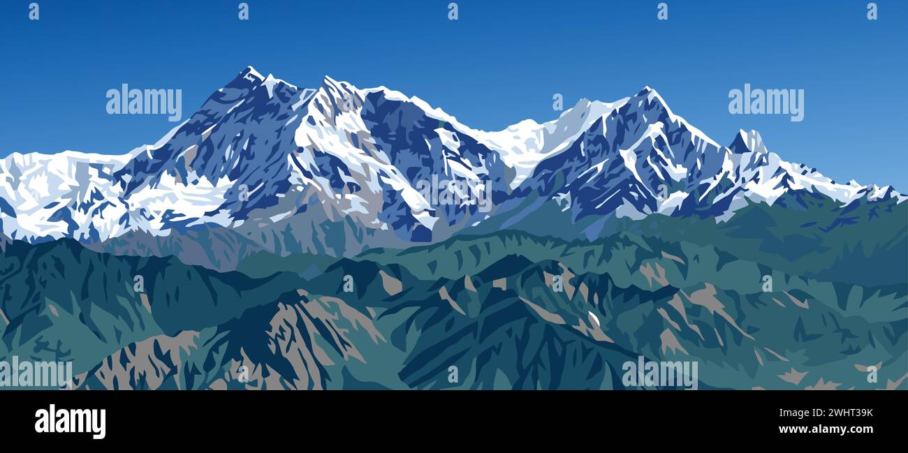 Pic du mont Annapurna vu de Jaljala passe illustration vectorielle bleue, Népal Himalaya montagnes Illustration de Vecteur