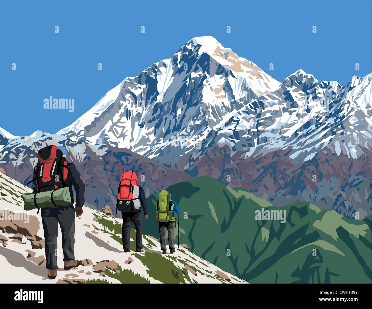 Pic du mont Dhaulagiri vu du col de Jaljala et illustration vectorielle de trois randonneurs, montagnes de l'Himalaya du Népal Illustration de Vecteur