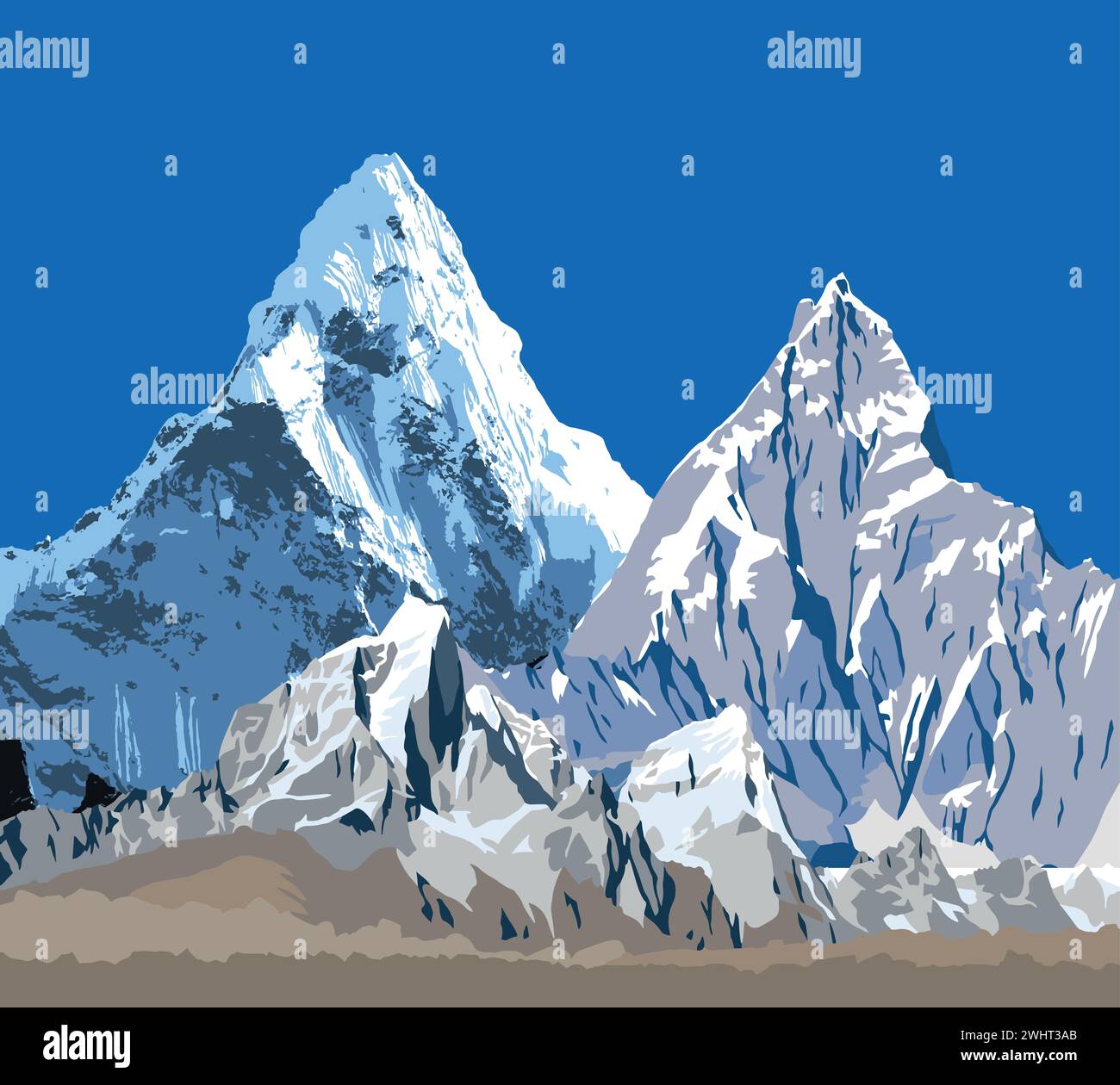 Grande chaîne de montagnes de l'Himalaya, illustration vectorielle des montagnes de l'Himalaya, montagne enneigée de couleur blanche et bleue Illustration de Vecteur