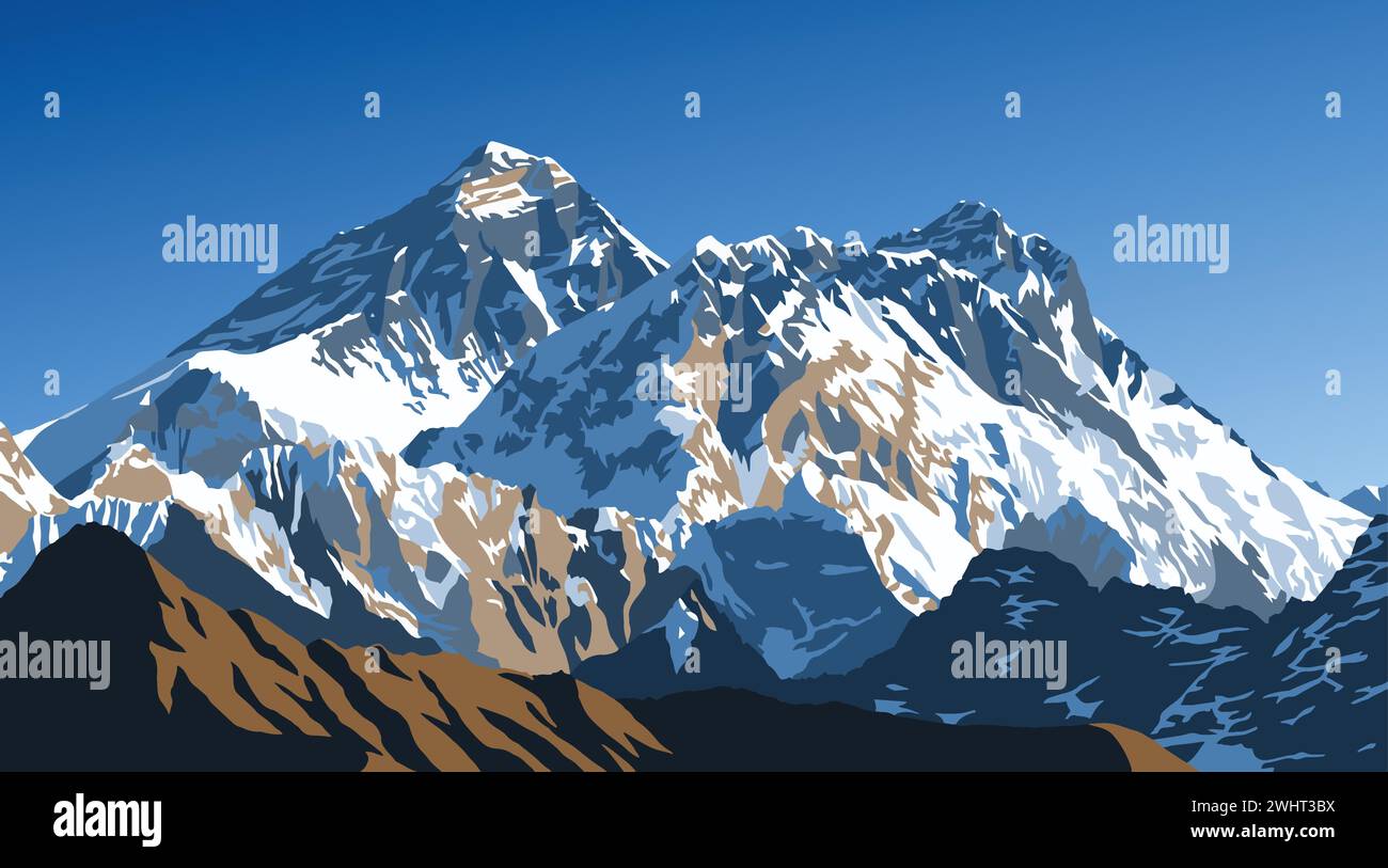 Monts Everest, Lhotse et Nuptse du pic Gokyo, illustration vectorielle, vallée de Khumbu, région de l'Everest, montagnes de l'himalaya du Népal Illustration de Vecteur