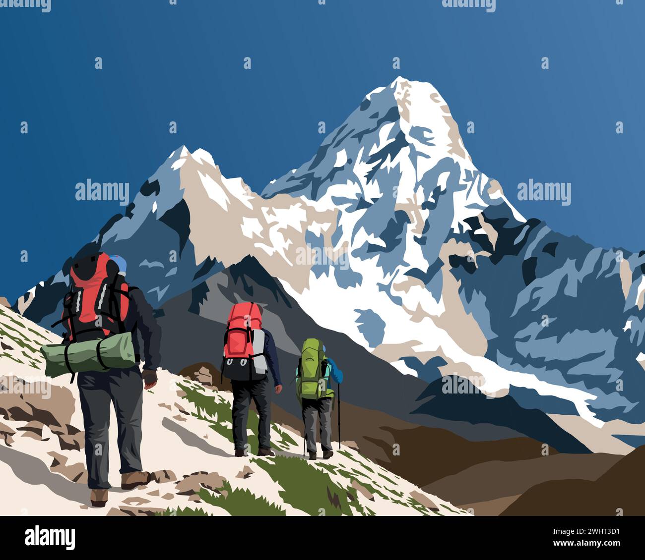 Mont Ama Dablam avec trois randonneurs, illustration vectorielle de montagne du chemin au camp de base du Mont Everest, montagnes de l'Himalaya au Népal Illustration de Vecteur
