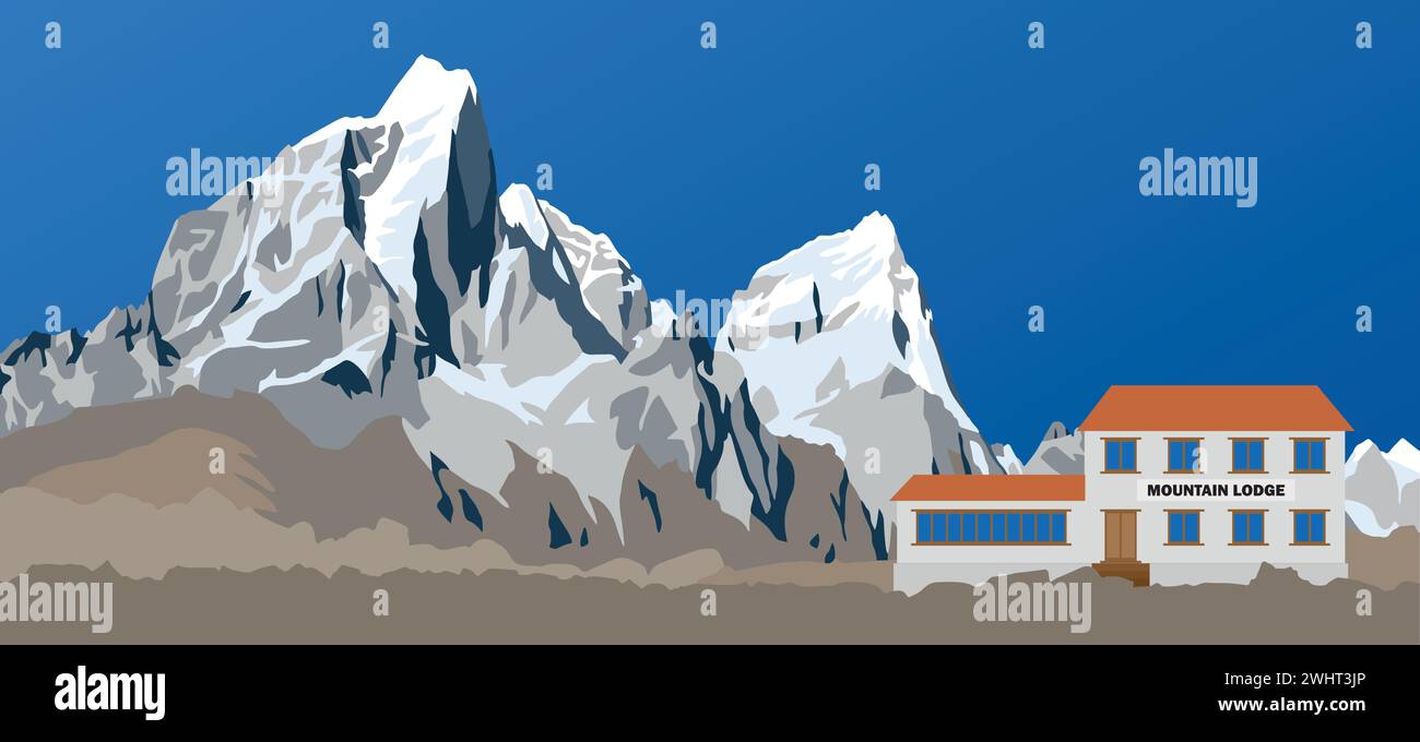 Illustration des monts Cholatse et Tabuche pic vus depuis le chemin vers le camp de base du mont Everest et Mountain Lodge, Népal Himalaya montagnes vecteurs Illustration de Vecteur