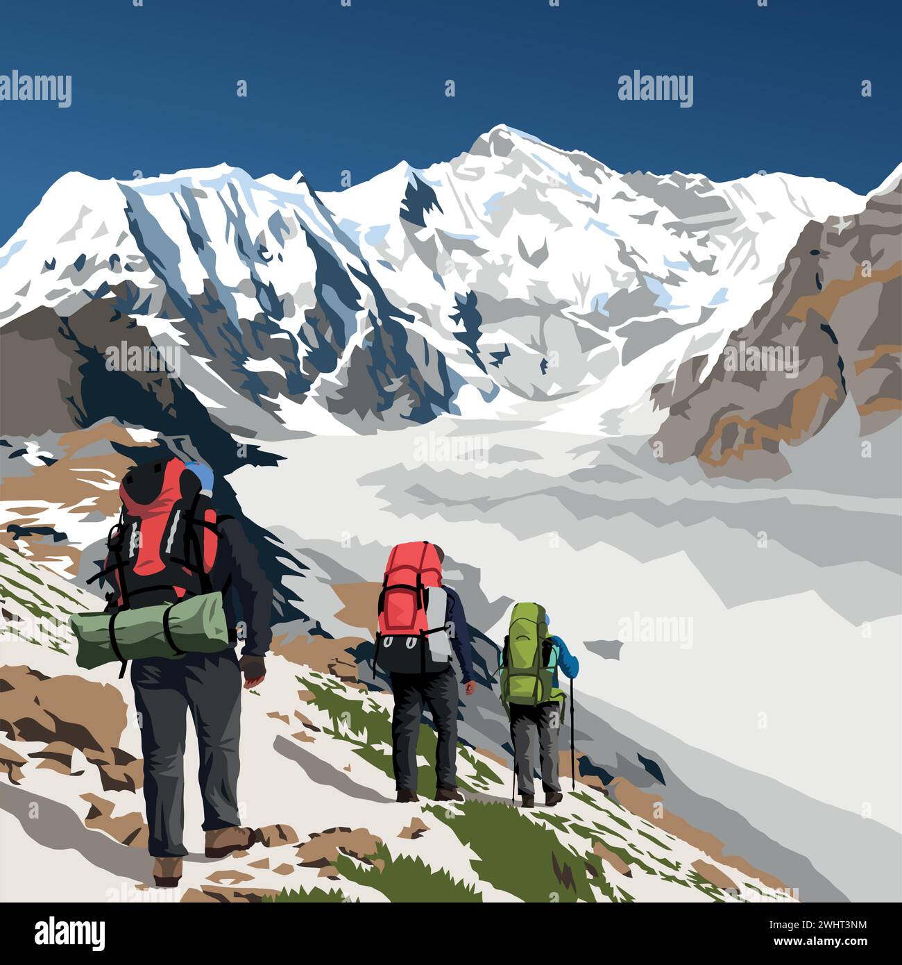 Mont Cho Oyu et trois randonneurs avec un grand sac à dos, illustration vectorielle, vallée de Gokyo, vallée de Khumbu, région de l'Everest, Népal montagnes de l'himalaya Illustration de Vecteur
