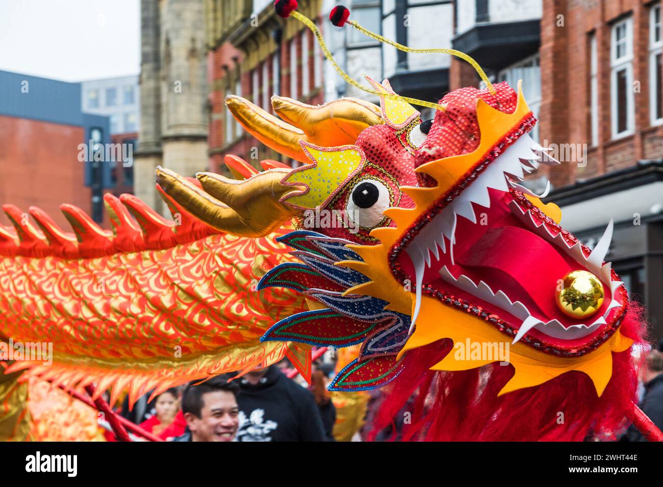 Gros plan sur le dragon magnifiquement décoré exécutant sa danse traditionnelle du dragon du nouvel an chinois à Liverpool vu le 11 février 2024. Banque D'Images