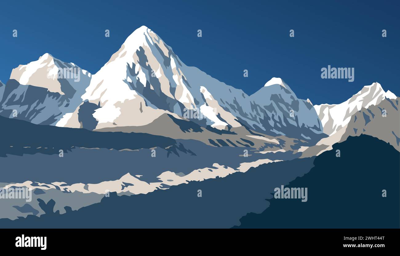 Glacier de Khumbu et Mont Pumori, illustration vectorielle, vallée de Khumbu, parc national de Sagarmatha, montagne du Népal Himalaya Illustration de Vecteur
