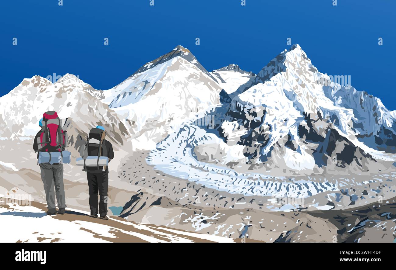 Mont Everest Lhotse et Nuptse côté Népal vus du camp de base de Pumori avec deux randonneurs, illustration vectorielle, Mont Everest 8 848 m, vallée de Khumbu, Illustration de Vecteur